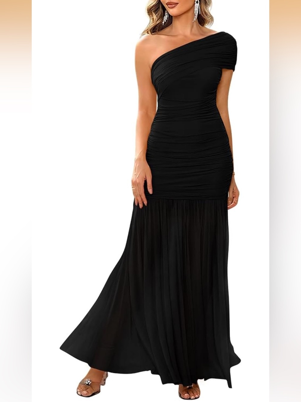 Elegant Formal Long Dress One Shoulder Sleeveless Ruched Bodycon L. 1846/DC-3